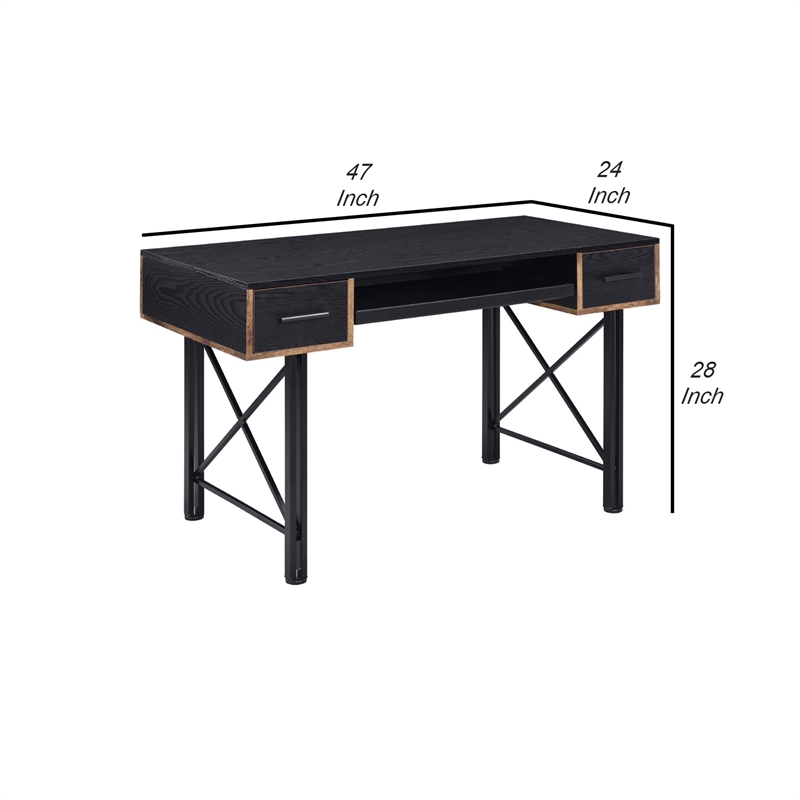 Benjara Computer Desk with 2 Drawers and Keyboard Tray- Black