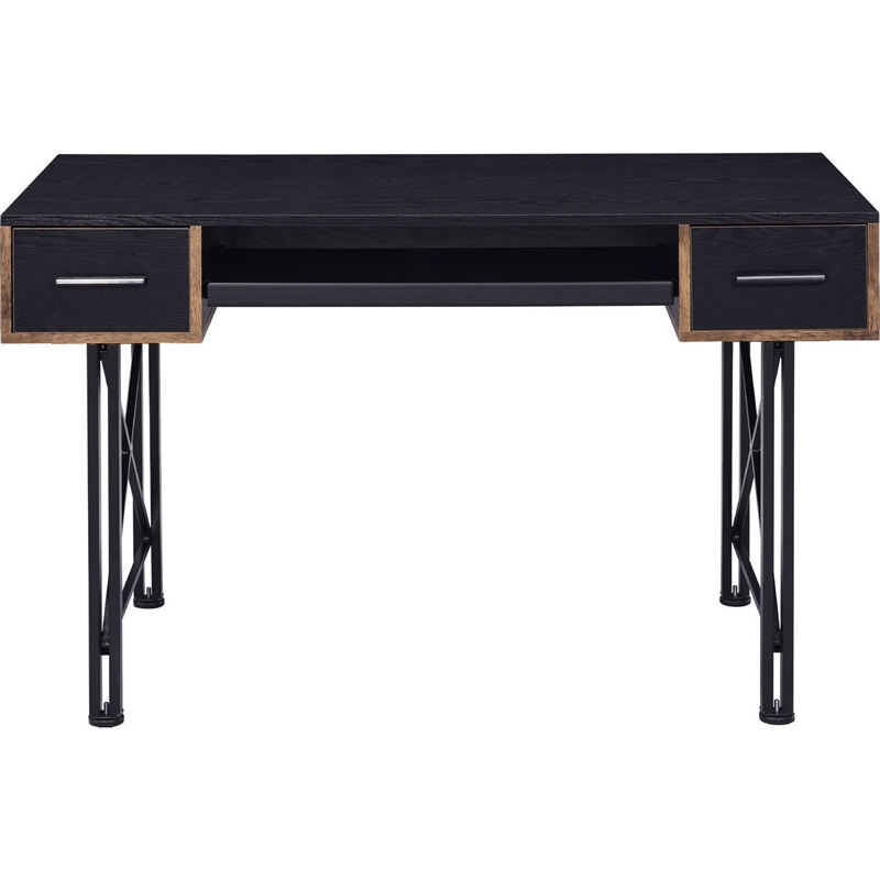 Benjara Computer Desk with 2 Drawers and Keyboard Tray- Black