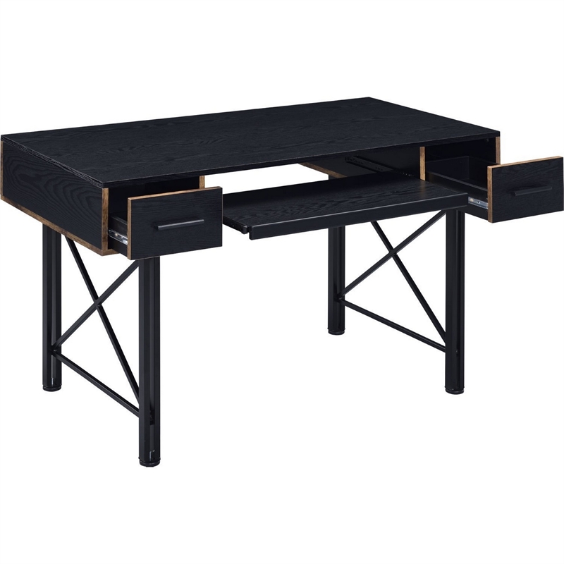 Benjara Computer Desk with 2 Drawers and Keyboard Tray- Black