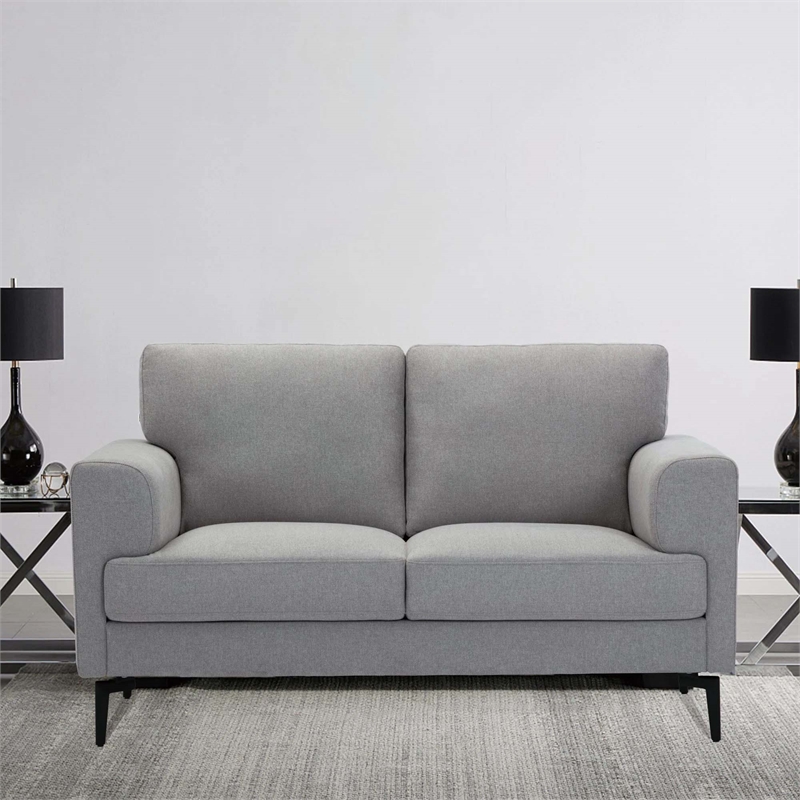 Benjara Loveseat with Fabric Upholstery and Sleek Metal Legs- Gray