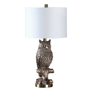 Benjara Polyresin Sitting Owl Design Table Lamp with Round Base- Silver