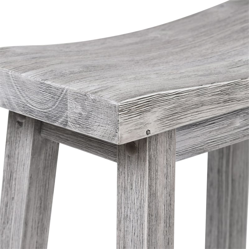 Benjara Saddle Design Wooden Barstool with Grain Details- Gray