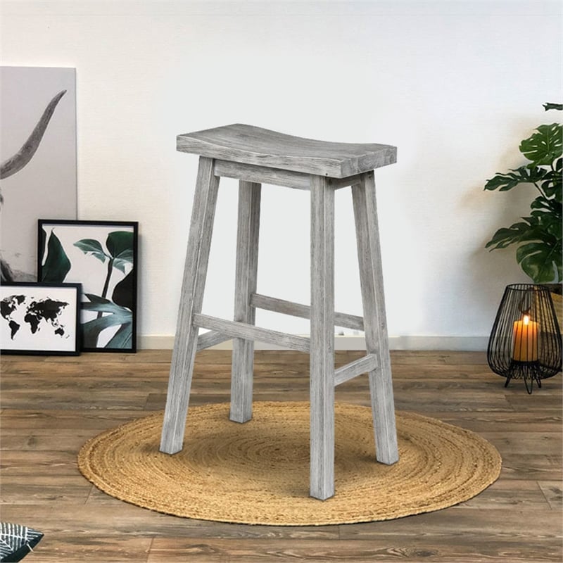 Benjara Saddle Design Wooden Barstool with Grain Details- Gray
