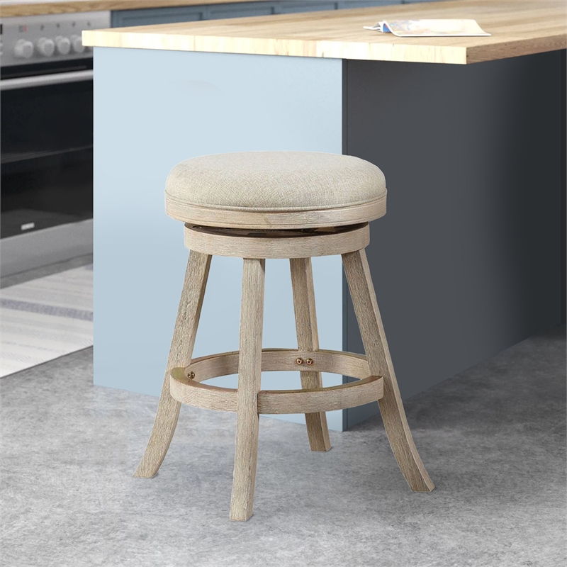 Benjara Wooden Swivel Counter Stool with Round Fabric Seat- Gray