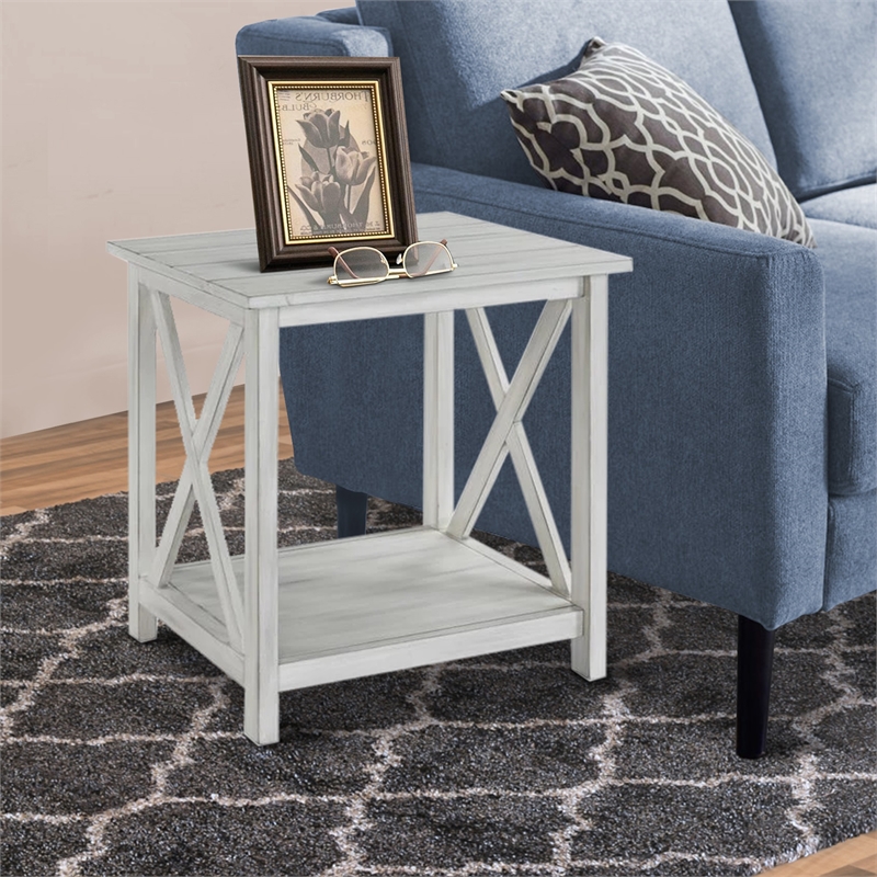 Benjara 1 Open Shelf Wooden End Table with X Shaped Accents- White