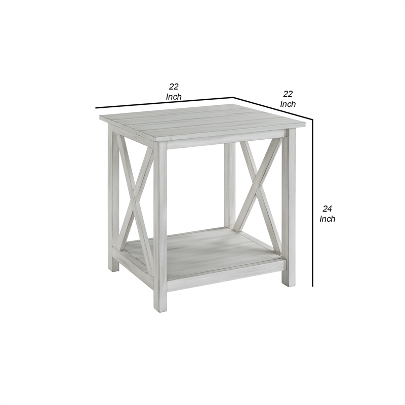 Benjara 1 Open Shelf Wooden End Table with X Shaped Accents- White