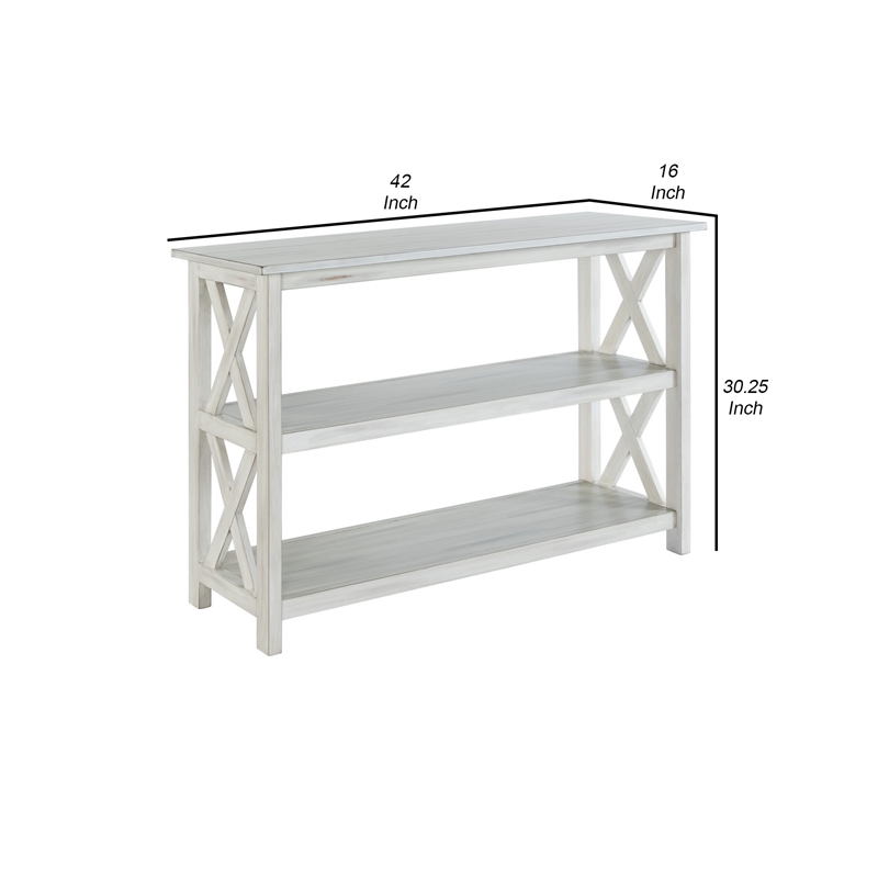 Benjara 2 Shelf Wooden Entryway Table with X Shaped Accent- White