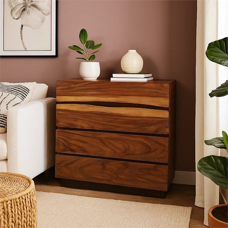Benjara Wooden Chest with 4 Drawers and Live Edge Details- Brown