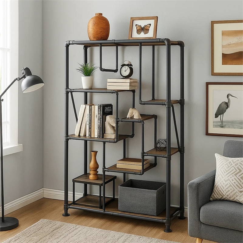 Benjara 8-Tier Water Pipe Design Bookshelf- Brown and Gray
