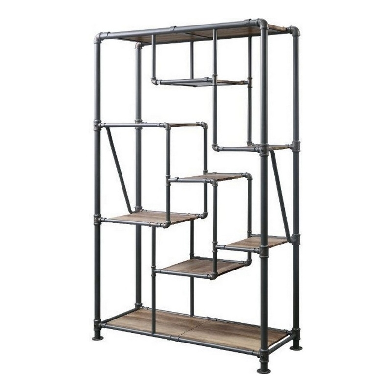 Benjara 8-Tier Water Pipe Design Bookshelf- Brown and Gray