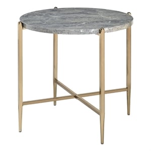 Benjara End Table with Oval Marble Top and X Shaped Support- Gray and Gold