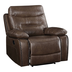 Benjara Leatherette Power Recliner with Nailhead Trim Accent- Brown
