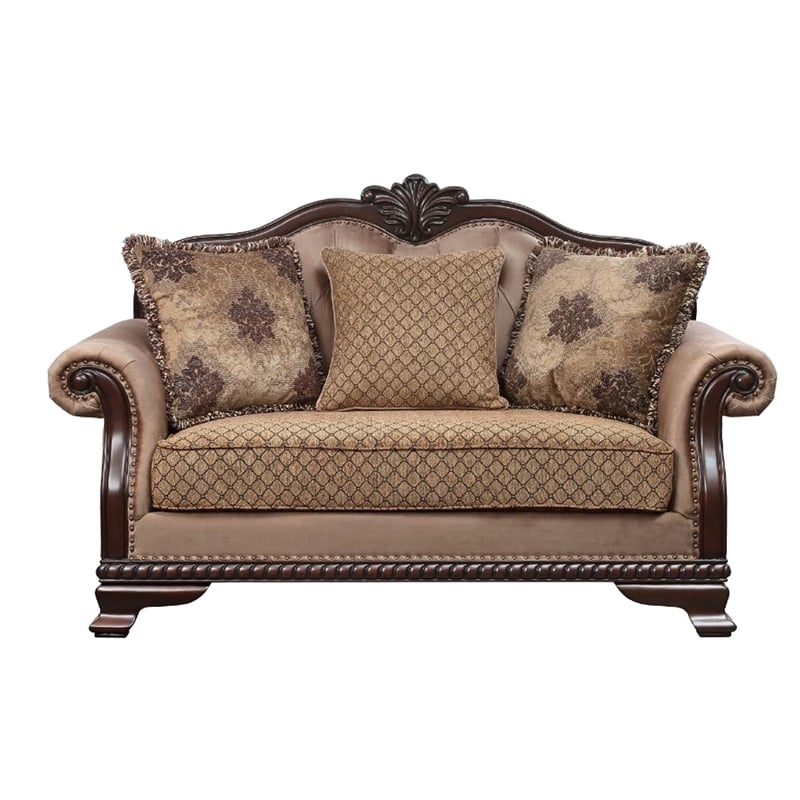 Benjara Loveseat With Crowned Top and Fabric Upholstery- Beige