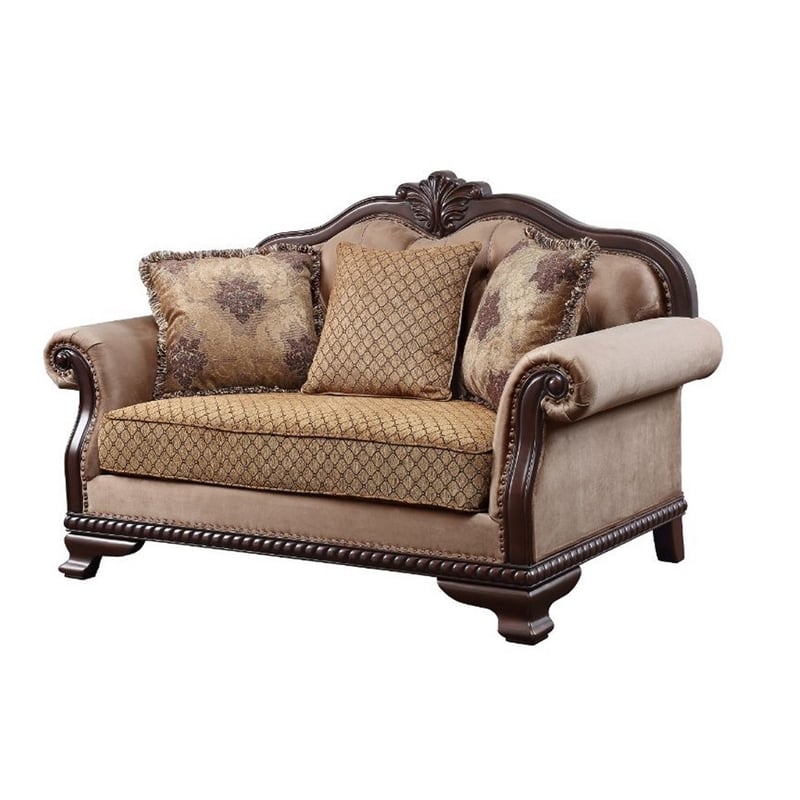 Benjara Loveseat With Crowned Top and Fabric Upholstery- Beige