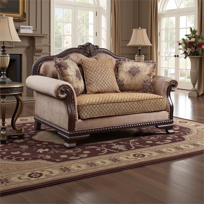 Benjara Loveseat With Crowned Top and Fabric Upholstery- Beige