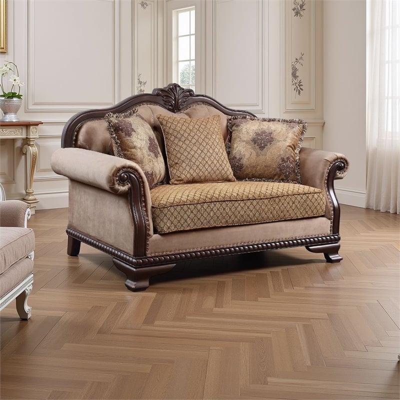 Benjara Loveseat With Crowned Top and Fabric Upholstery- Beige