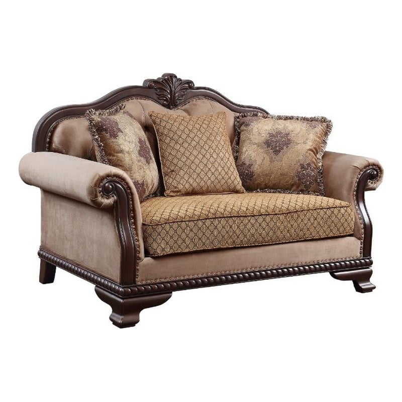 Benjara Loveseat With Crowned Top and Fabric Upholstery- Beige