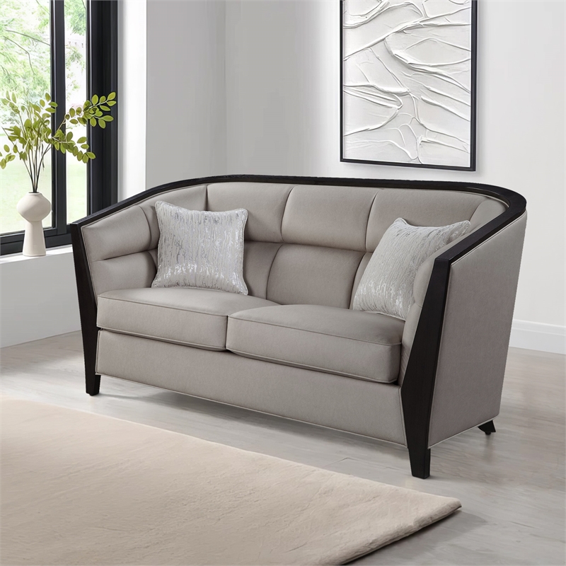 Benjara Loveseat with Curved Fixed Back and Shelter Arms- Beige