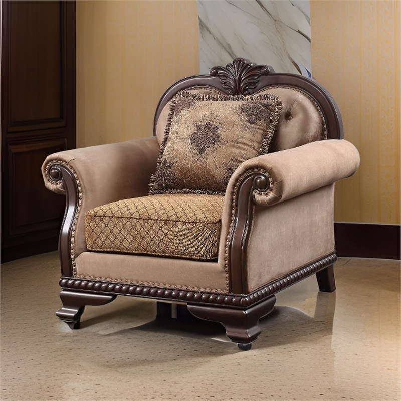 Benjara Accent Chair With Crowned Top and Fabric Upholstery- Beige