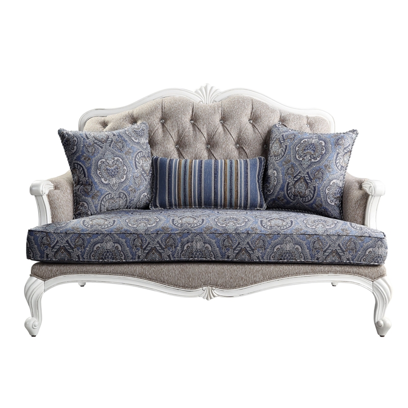Benjara Loveseat with Arch Top and Resin Queen Anne Legs- Gray