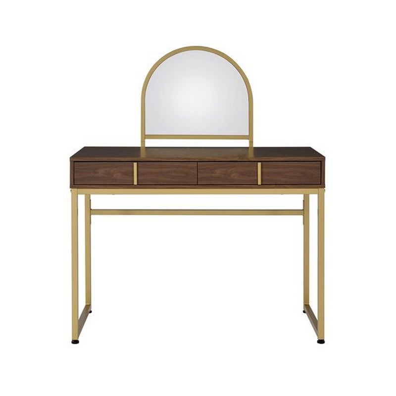 Benjara Vanity Desk with Mirror and Open Metal Frame- Brown and Gold