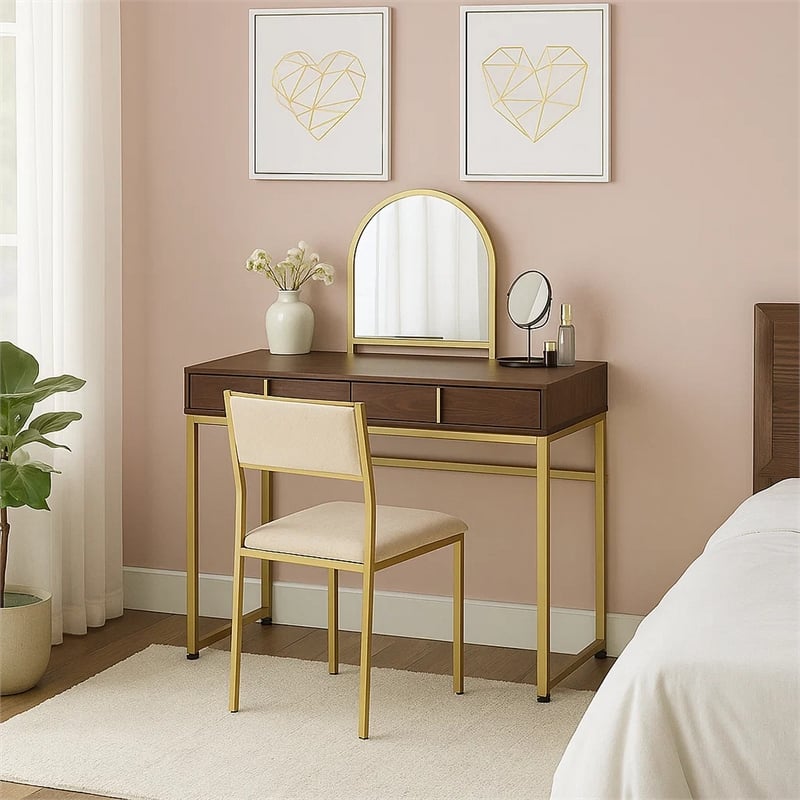 Benjara Vanity Desk with Mirror and Open Metal Frame- Brown and Gold