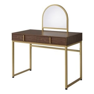 Benjara Vanity Desk with Mirror and Open Metal Frame- Brown and Gold