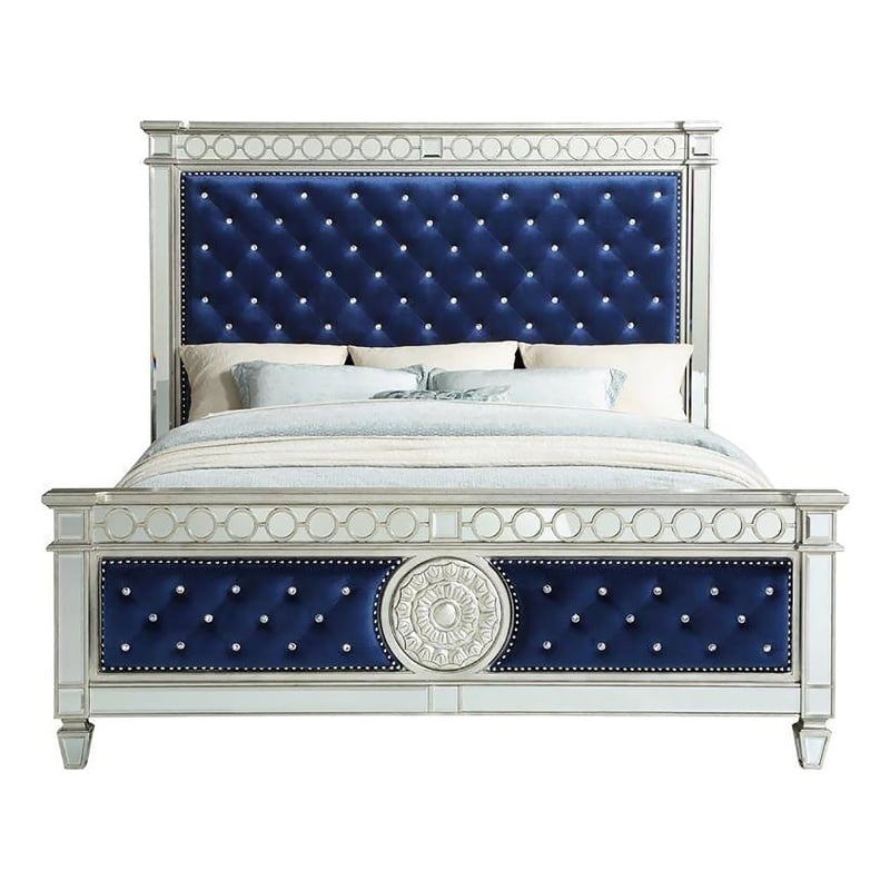 Benjara Queen Bed with Button Tufting and Mirror Trim- Black
