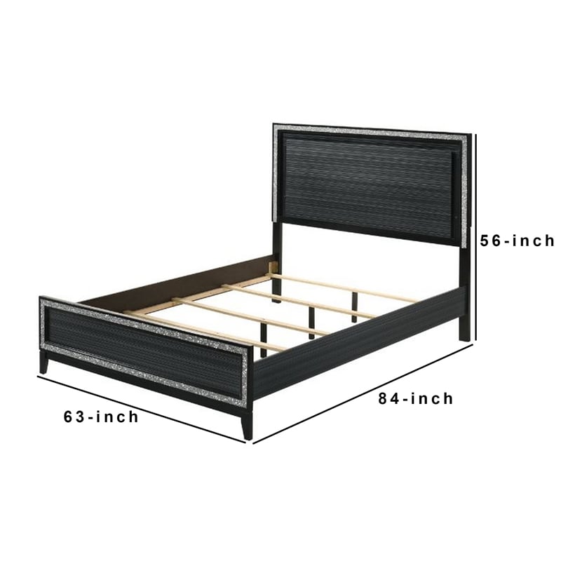 Benjara Queen Bed with LED Headboard and Shimmering Trim- Black