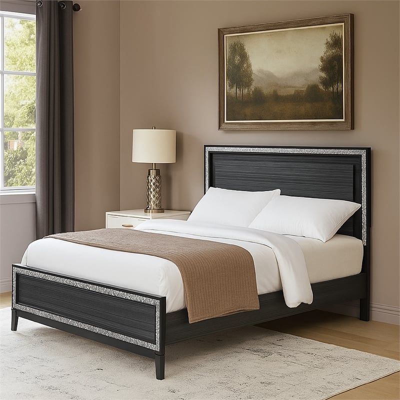 Benjara Queen Bed with LED Headboard and Shimmering Trim- Black