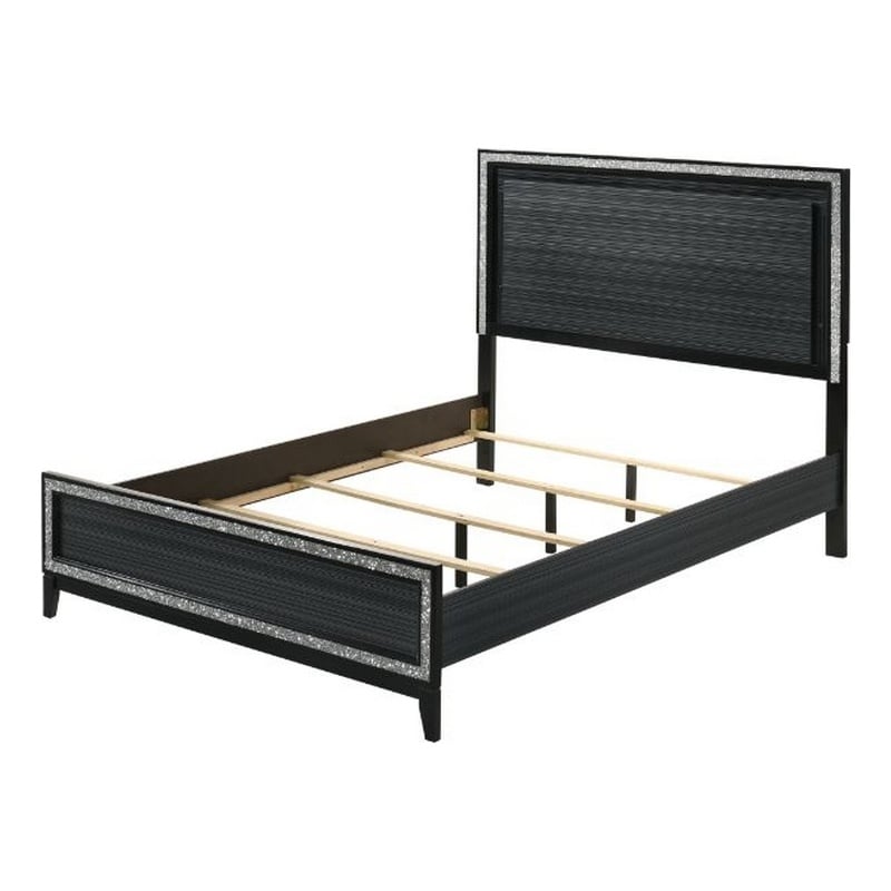 Benjara Queen Bed with LED Headboard and Shimmering Trim- Black