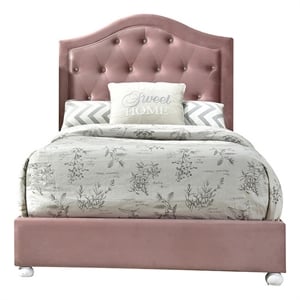 Benjara Twin Bed with Button Tufted Arched Headboard- Pink