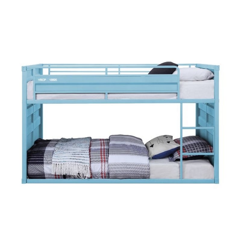 Benjara Twin Over Twin Bunk Bed with Metal Frame and Cargo Theme- Blue