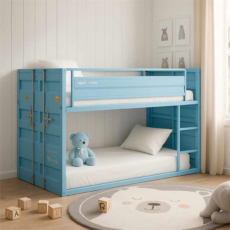 Benjara Twin Over Twin Bunk Bed with Metal Frame and Cargo Theme- Blue