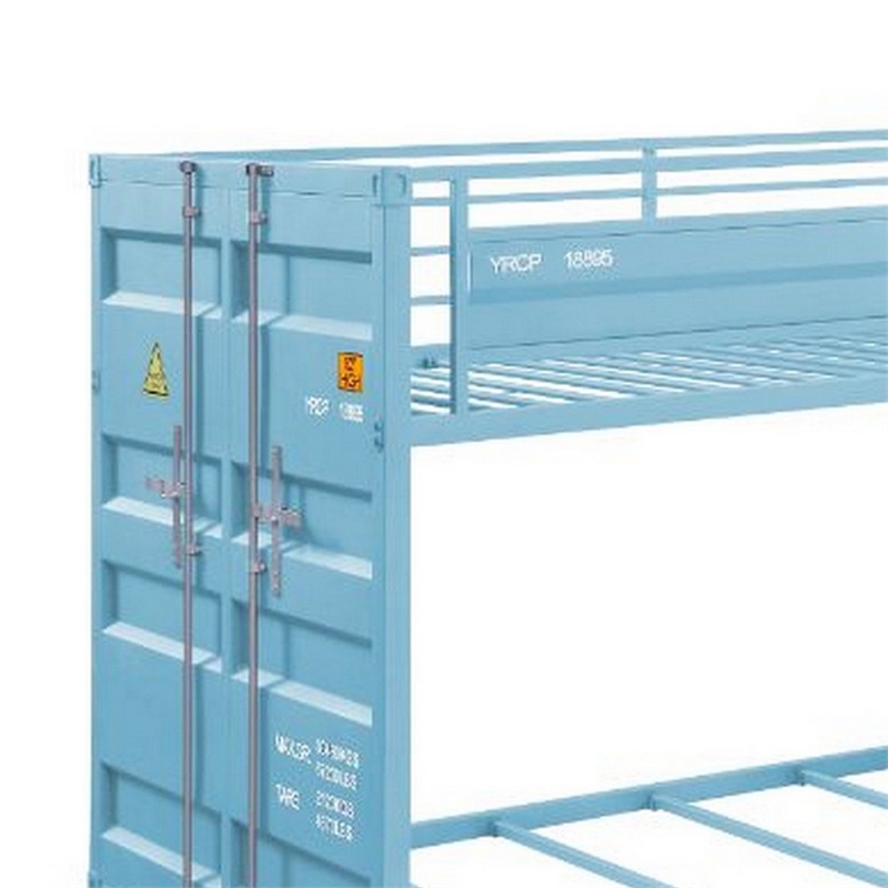 Benjara Twin Over Twin Bunk Bed with Metal Frame and Cargo Theme- Blue