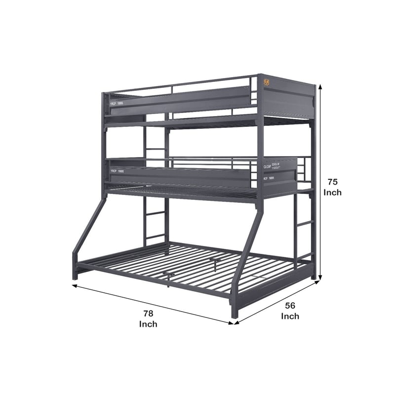 Benjara Twin Over Twin Over Full Bunk Bed with Metal Frame- Gray