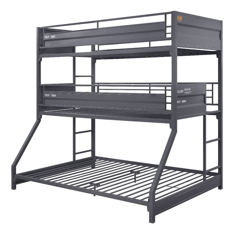 Benjara Twin Over Twin Over Full Bunk Bed with Metal Frame- Gray
