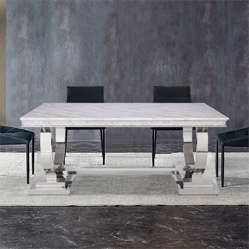 Benjara Dining Table with Circular Metal Accent Base- Silver