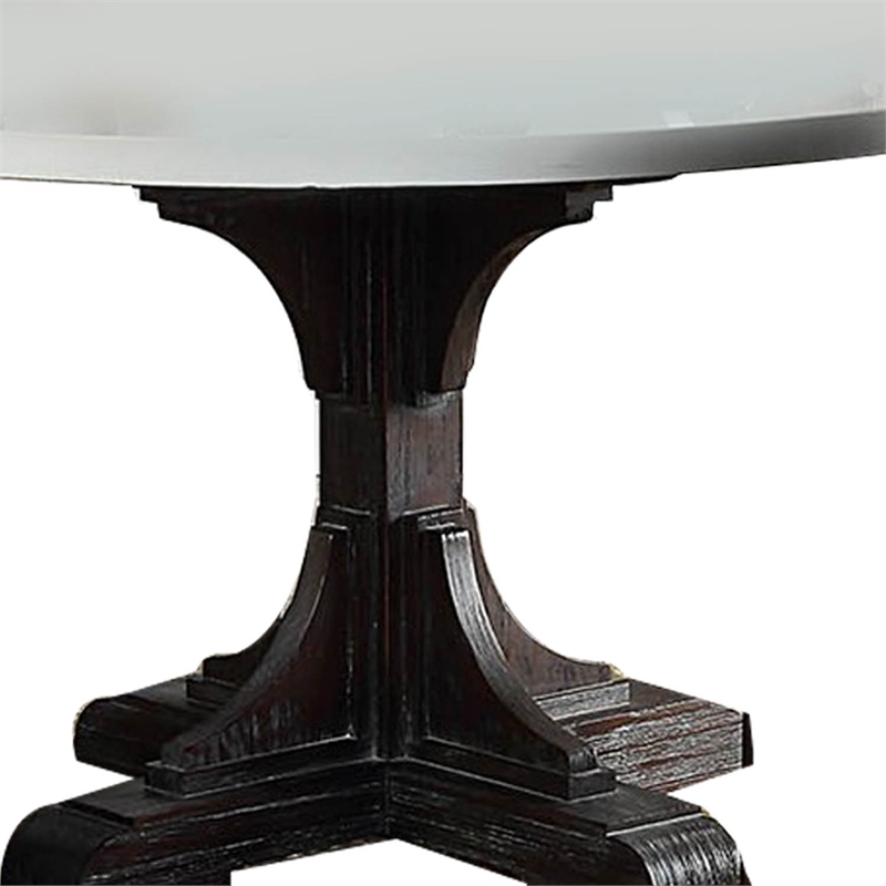 Benjara Dining Table with Marble Top and Pedestal Base- White and Brown