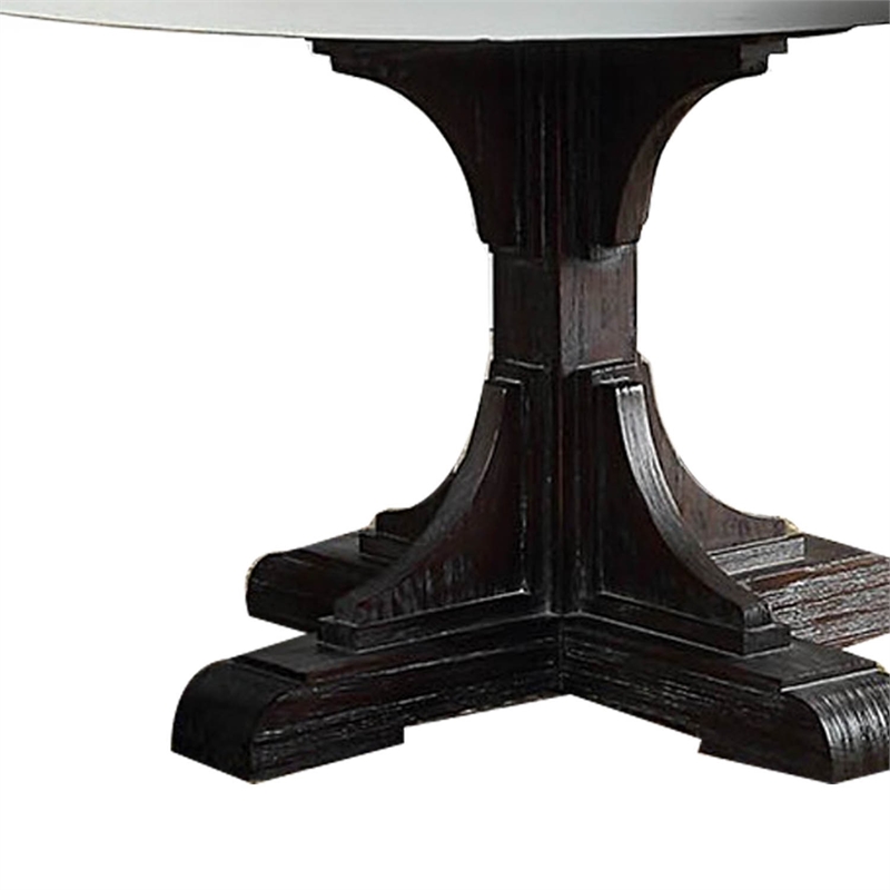 Benjara Dining Table with Marble Top and Pedestal Base- White and Brown