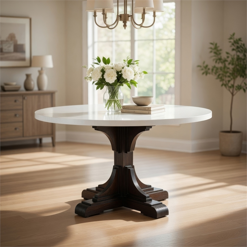 Benjara Dining Table with Marble Top and Pedestal Base- White and Brown