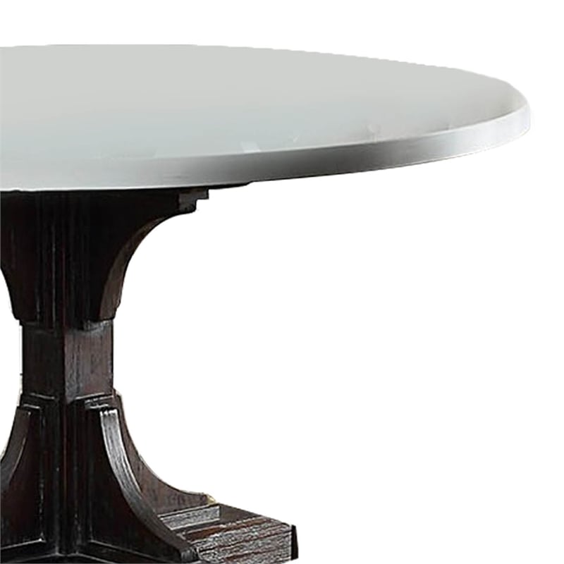 Benjara Dining Table with Marble Top and Pedestal Base- White and Brown