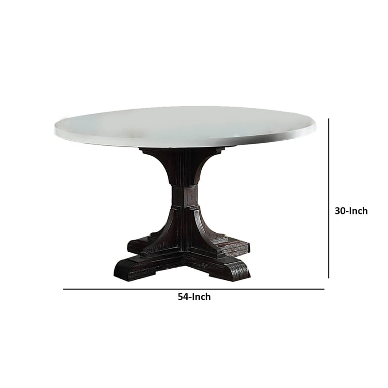 Benjara Dining Table with Marble Top and Pedestal Base- White and Brown