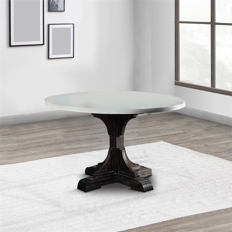 Benjara Dining Table with Marble Top and Pedestal Base- White and Brown