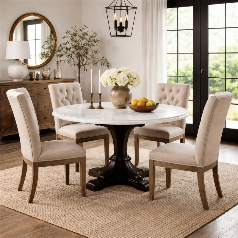 Benjara Dining Table with Marble Top and Pedestal Base- White and Brown