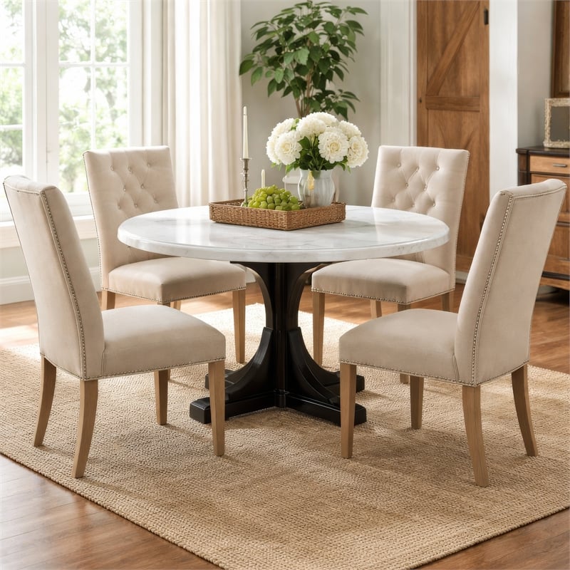 Benjara Dining Table with Marble Top and Pedestal Base- White and Brown