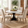 Benjara Dining Table with Marble Top and Pedestal Base- White and Brown