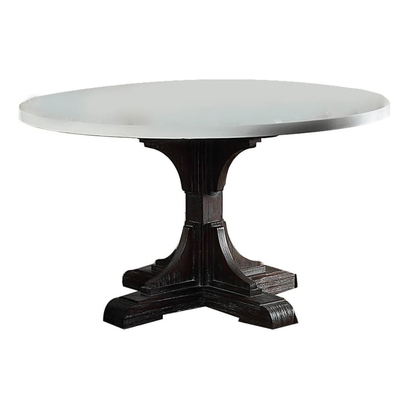 Benjara Dining Table with Marble Top and Pedestal Base- White and Brown