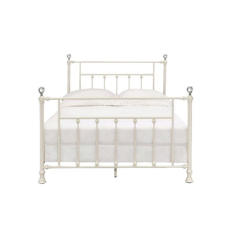 Benjara Rectangular Metal Full Size Bed with Crystal Trims- White
