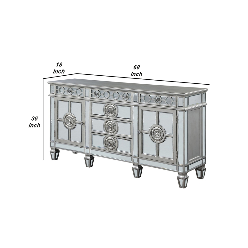 Benjara Server with 6 Mirrored Drawers and 2 Single Doors- Silver
